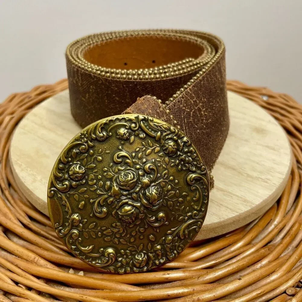 Belt Shak Leather Belt Large L Tooled Flower Buckle Brown Made in Canada #2470